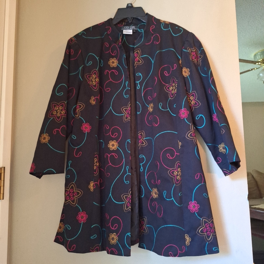 Chic Black Embroidered Floral Women's Blazer Sz L